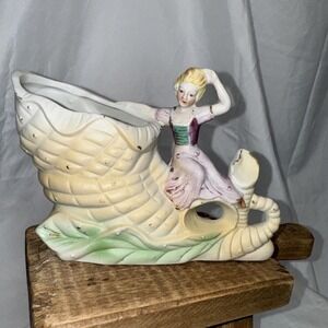 Antique JB BETSON's China Figural Horn Vase with A Girl In Dress Hand Painted